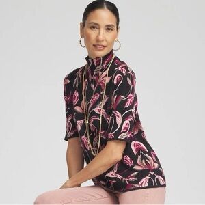 CHICO’S NWT M / 1 Jacquard Mock Neck Sweater in Black • Autumn Fall Floral Leaf